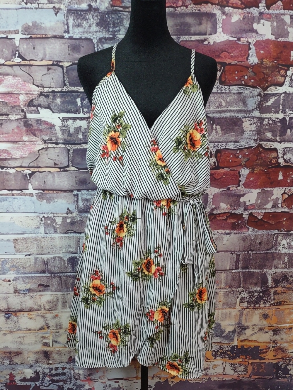 Striped Floral Spaghetti-Strap Dress in White and Black